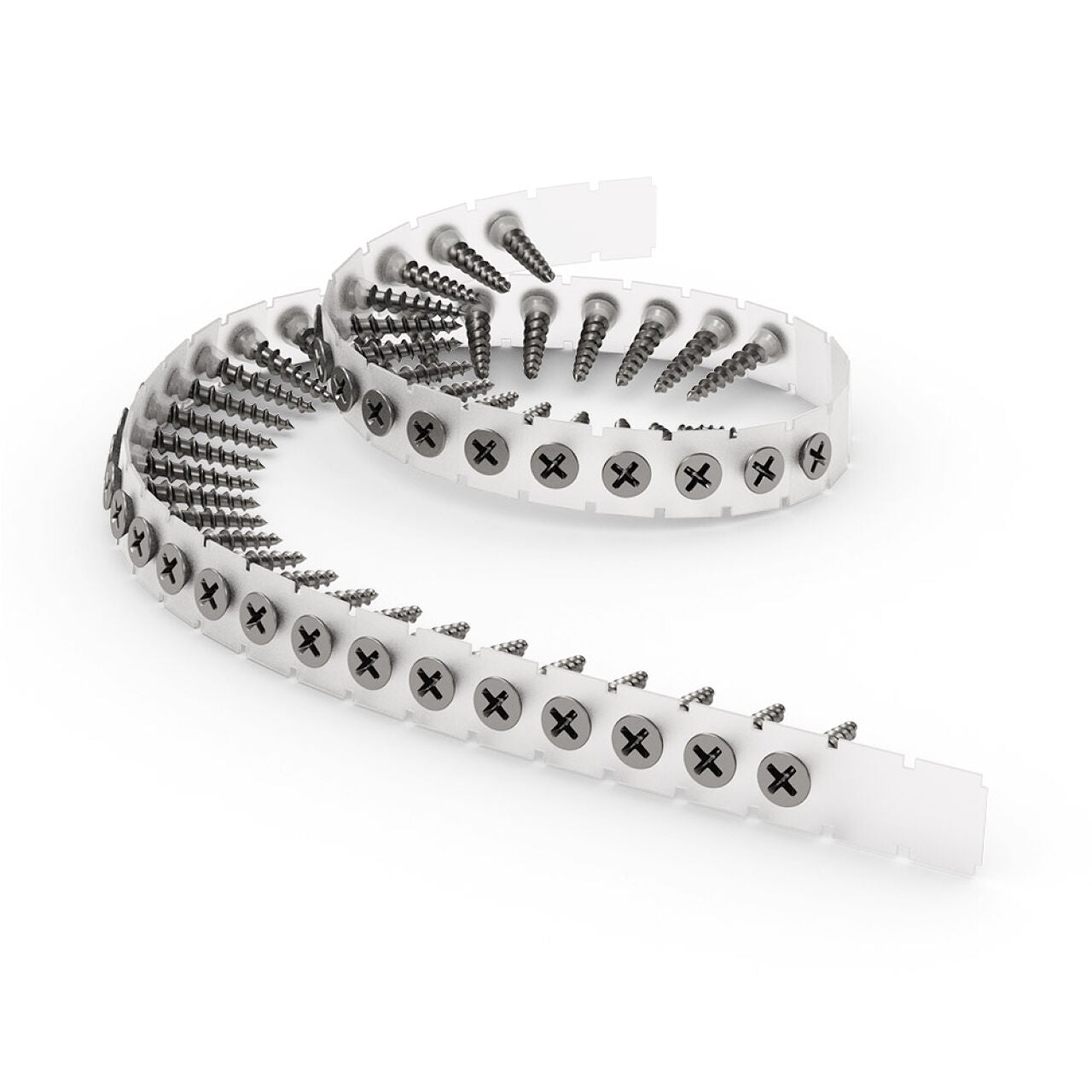 Go Build #6 x 1-1/4 in. Coarse Thread Collated Drywall Screws (1000/Pack) are phosphate-coated and attached to a white plastic belt—ideal for fastening drywall to wood with an automatic screw gun.